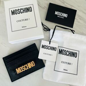 MOSCHINO Logo Leather Card Case, Designer Italian Luxury Wallet, Black Gold, NWT